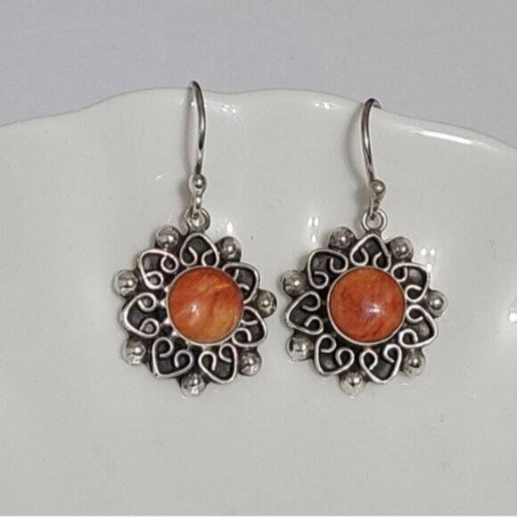 Vintage Sterling Silver Boho Moroccan Orange Sunstone Flower Drop Dangle Earring - Picture 3 of 8
